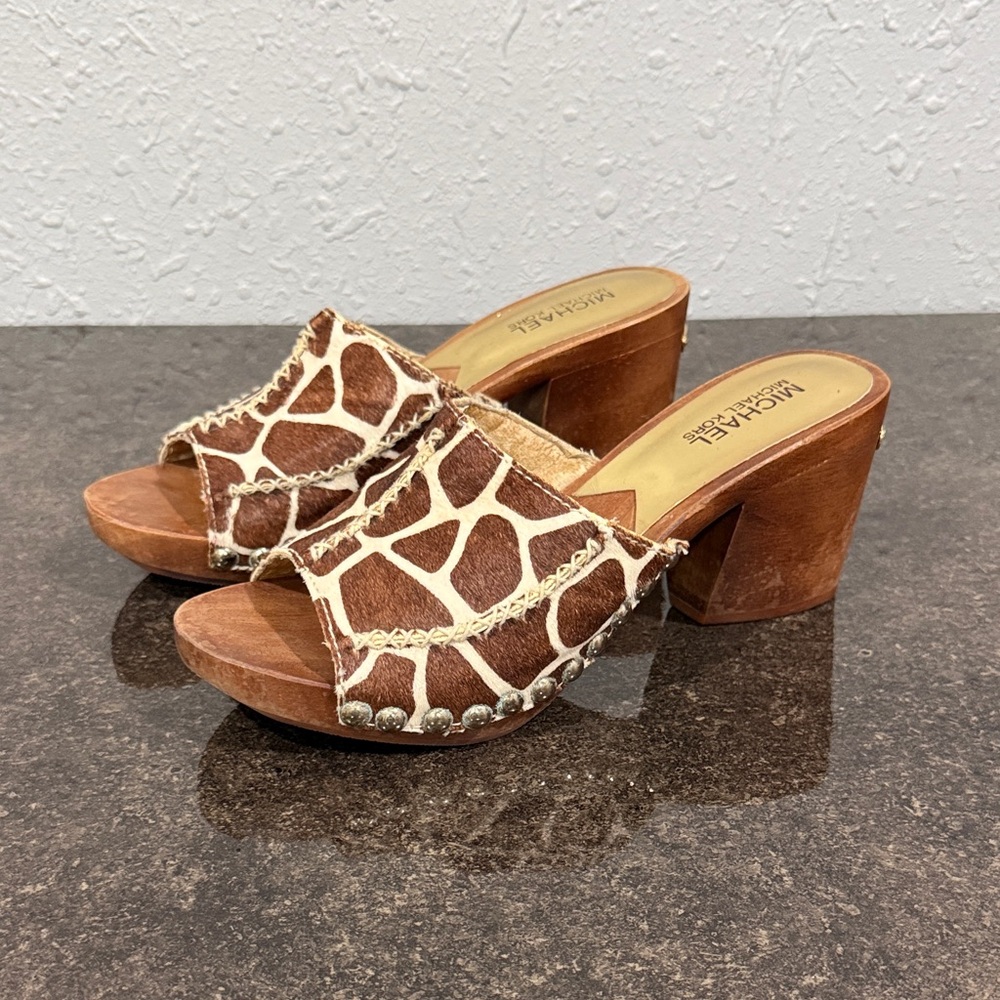 Michael‎ Kors Brown Creme Giraffe Printed Calf Hair Wooden Platform Heels